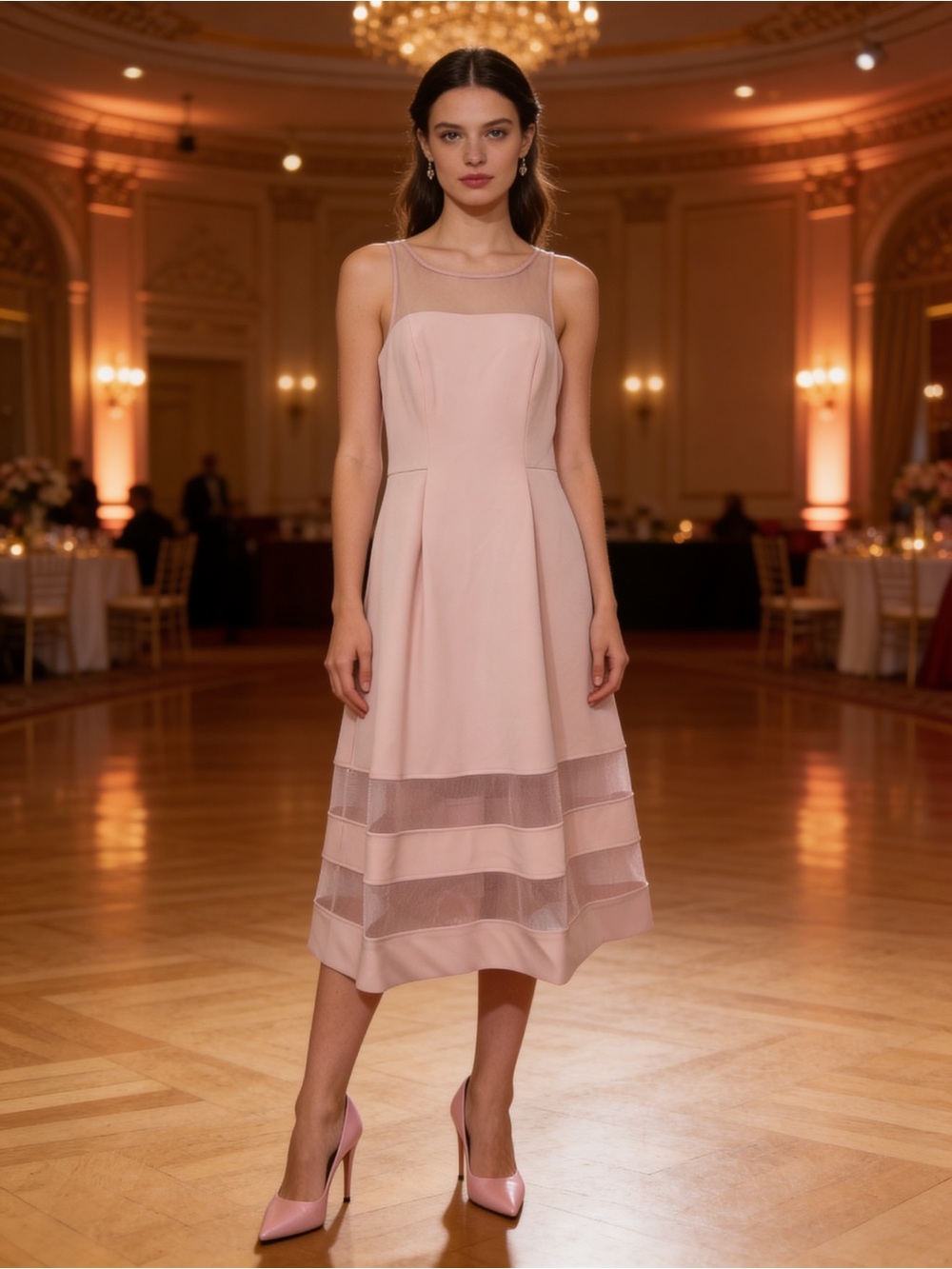 NWT Adrianna Papell Blush Illusion Midi Dress Mesh Hem Fit & Flare Size 2